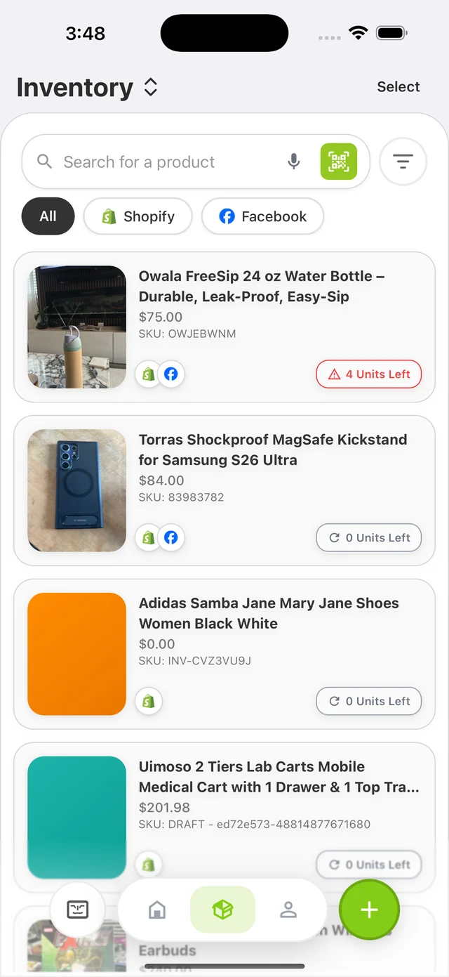 anorha inventory list showing items synced to Shopify and Facebook