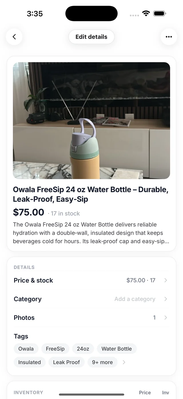 anorha listing editor with generated title, price, and tags