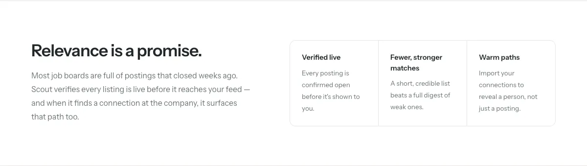 scout feature pillars: verified live, fewer stronger matches, warm paths